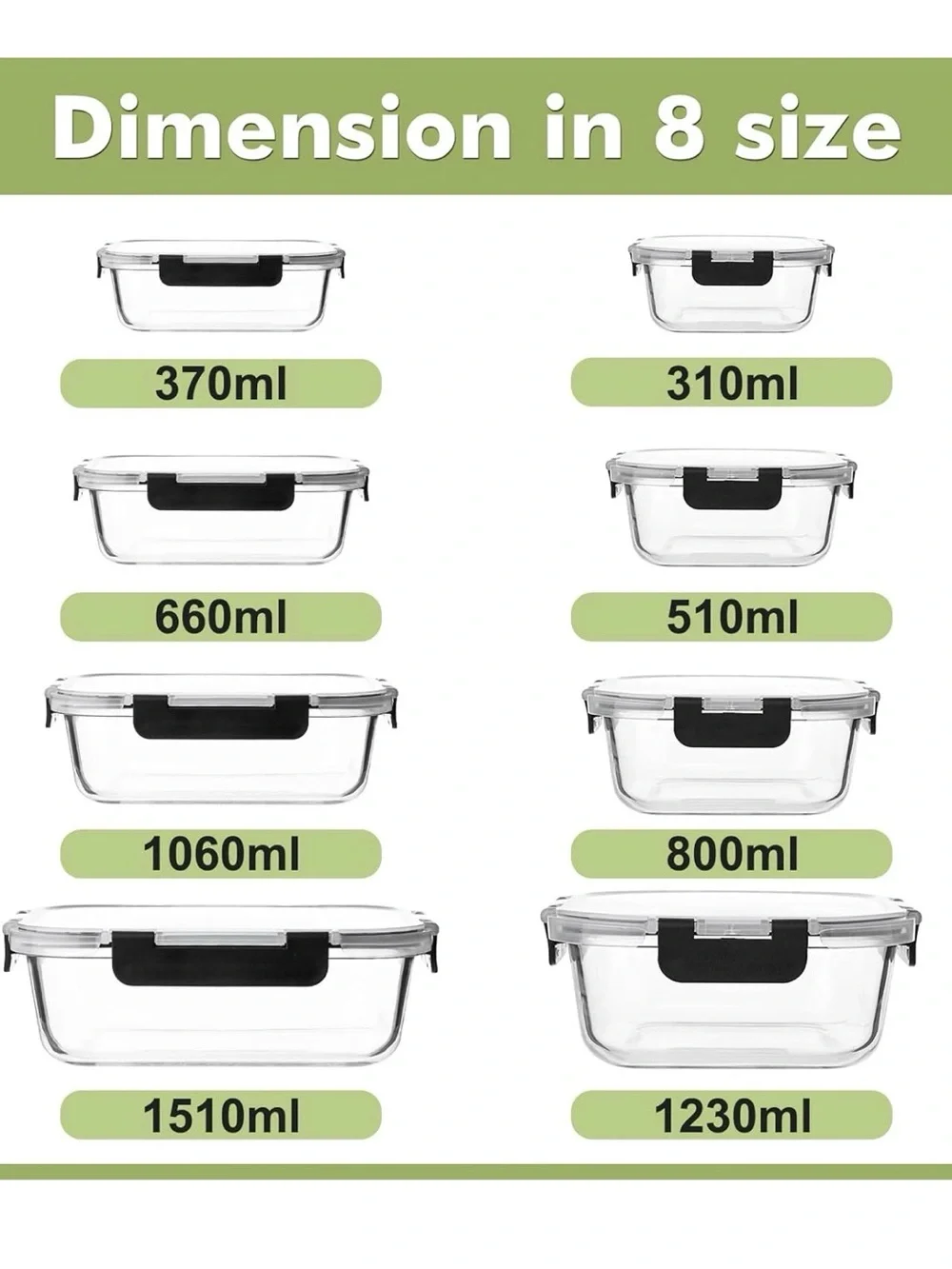 Clear Glass Food Storage Containers with Black Locking Lids - Set of 4